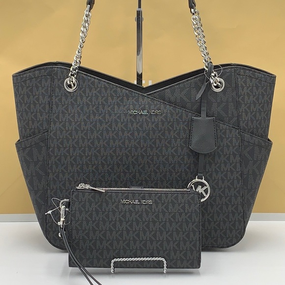 MICHAEL KORS LARGE X CHAIN SHOULDER TOTE & LARGE DOUBLE ZIP WALLET BLACK SIGNATR - Picture 3 of 16